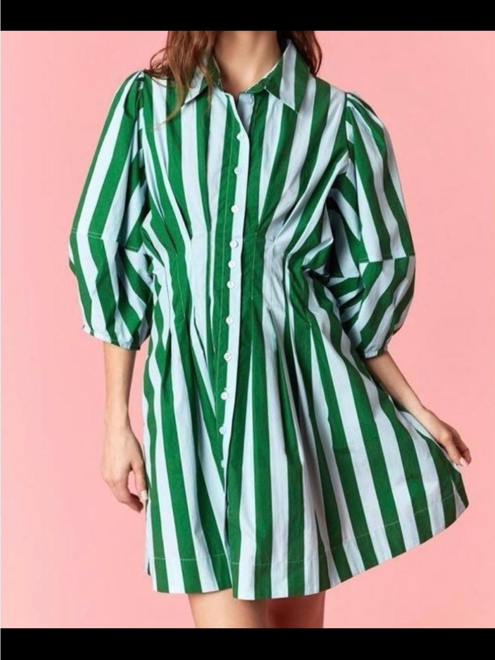 Peach Love California Green &  Light Blue Striped Puff-Sleeve Mini Dress
